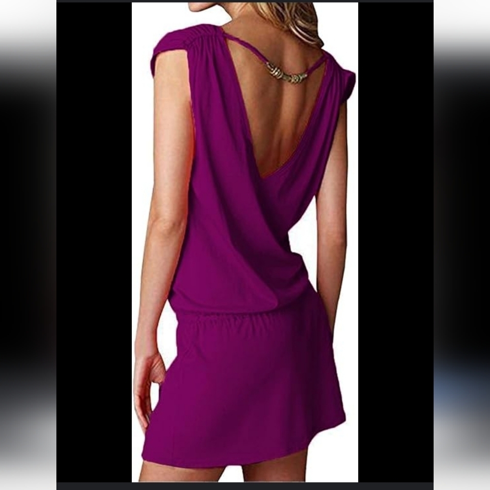 💖 Purple Mini Dress Swimsuit Cover-Up Euaoxnc NEW Beaded Open Back Cut Out Flow